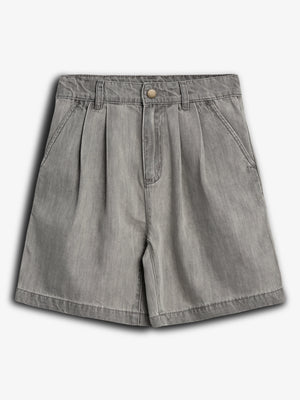 Gray denim shorts lay flat, featuring pleats and side pockets, with a button and zip closure. The background is plain white.