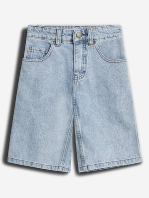 Denim shorts lay flat, displaying front pockets, belt loops, and a button closure. The background is plain white, emphasizing the light blue fabric and stitching details.
