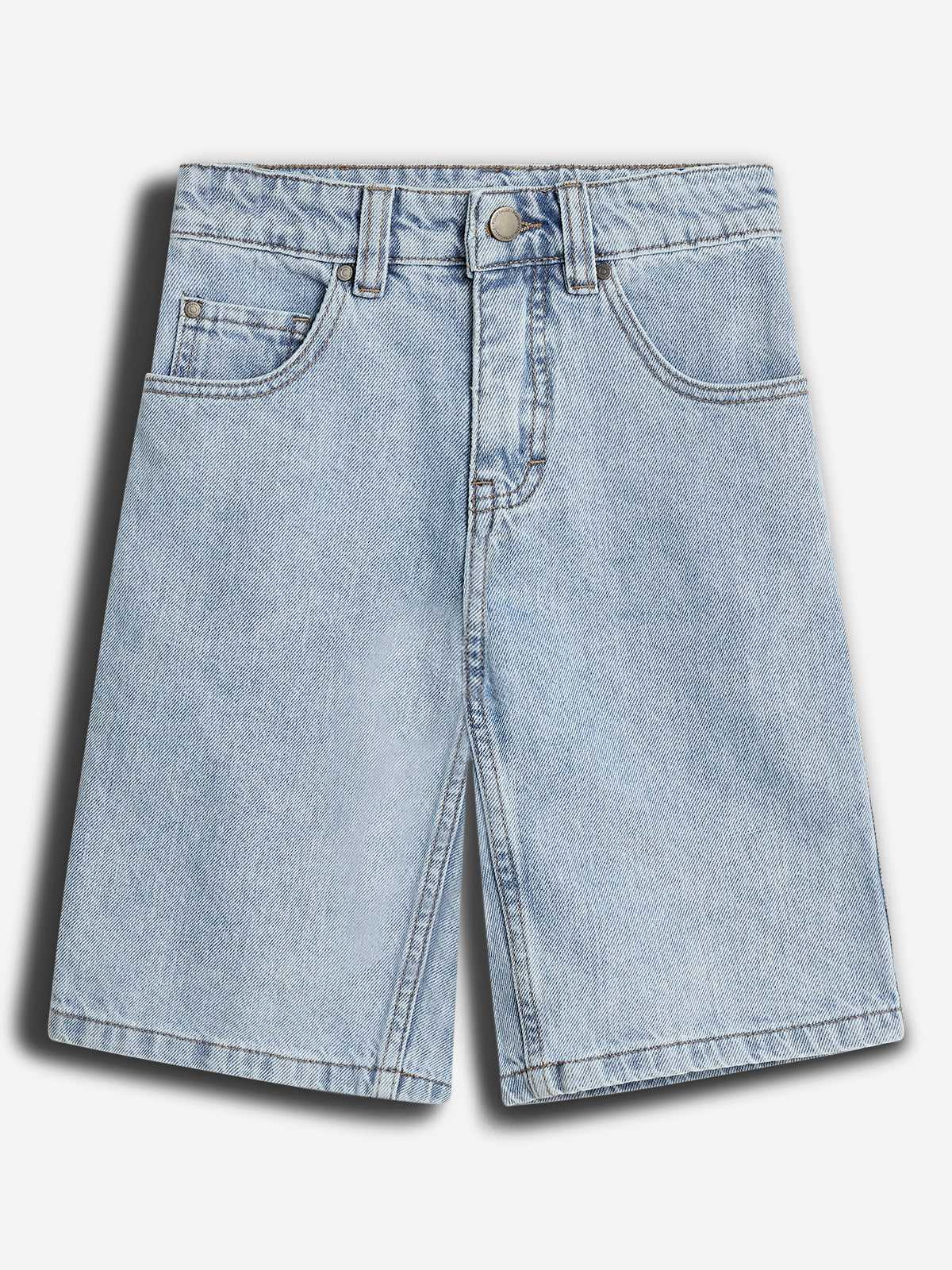 Denim shorts lay flat, displaying front pockets, belt loops, and a button closure. The background is plain white, emphasizing the light blue fabric and stitching details.