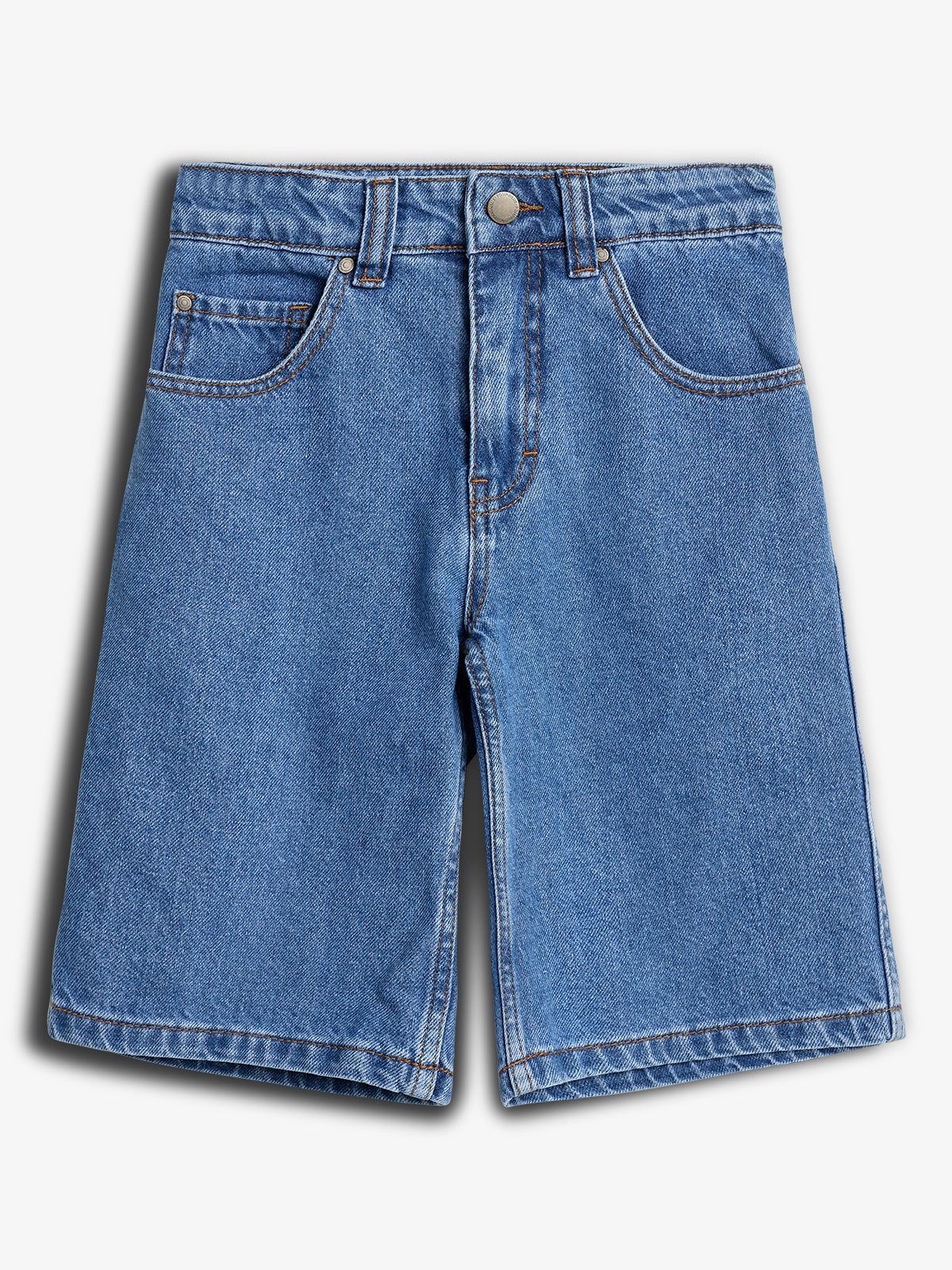Blue denim shorts with button closure and belt loops, featuring front and back pockets, displayed against a plain, light gray background.