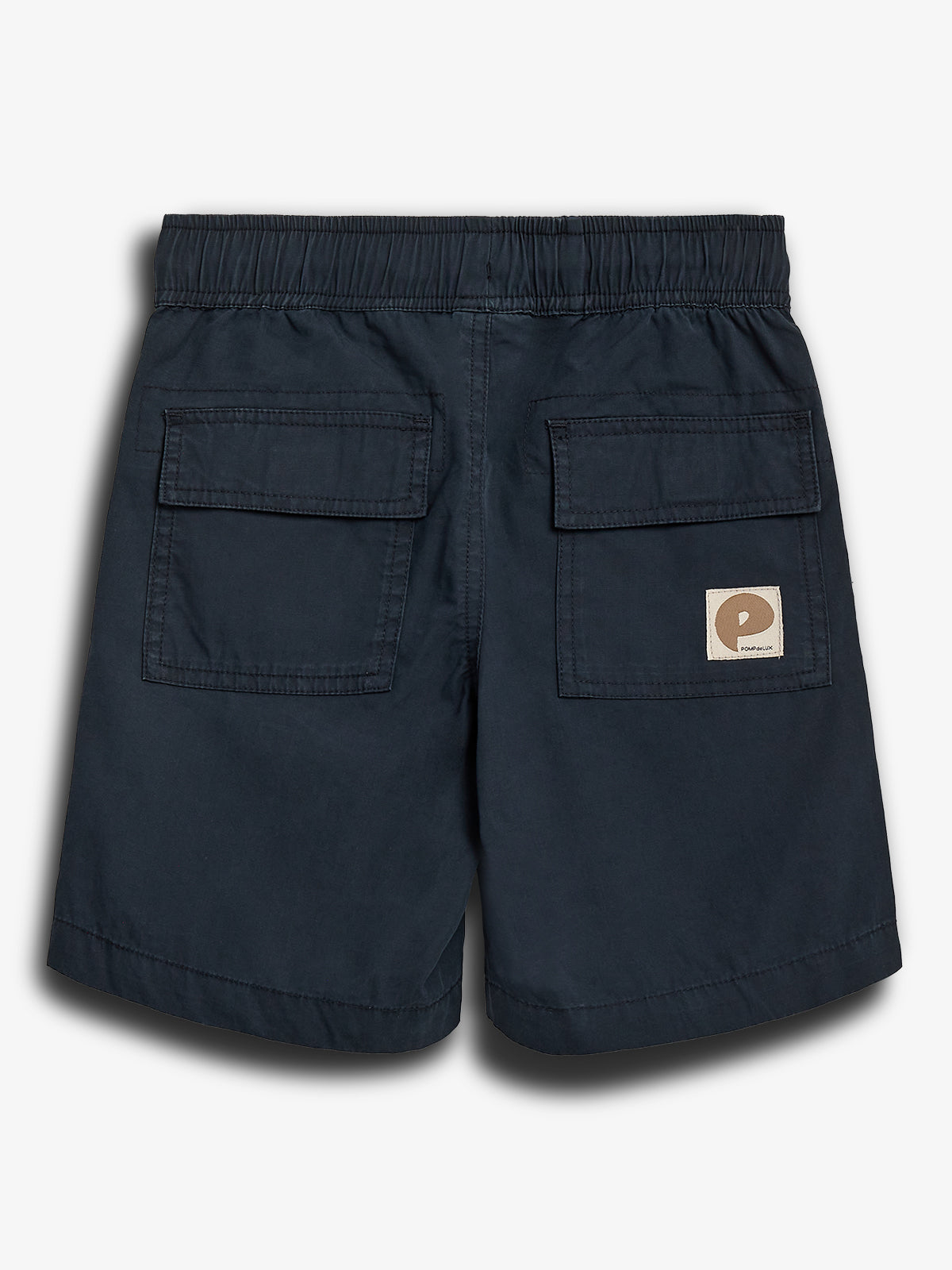 Navy blue shorts with an elastic waistband, featuring two back pockets with flaps and a patch labeled "POP swimming," set against a plain light background.