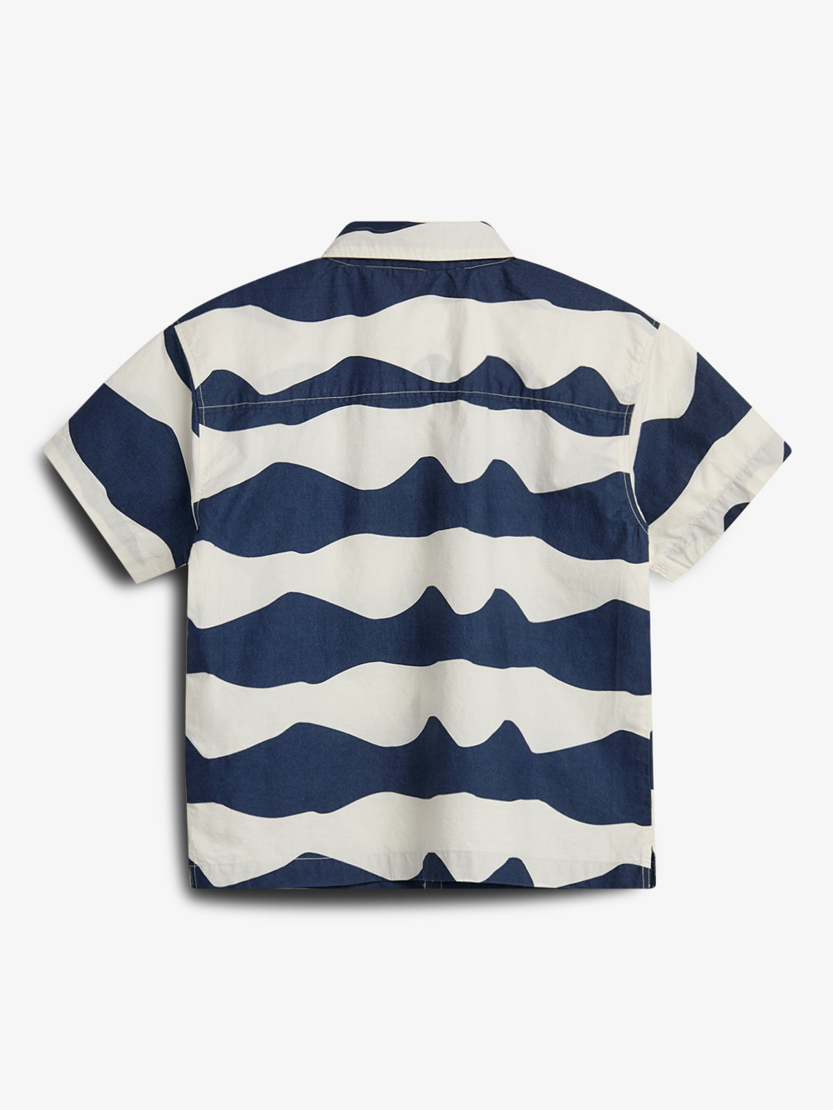 A short-sleeved shirt features blue and white wavy horizontal stripes, centered in a plain white background. The shirt is neatly laid out, displaying its back view.