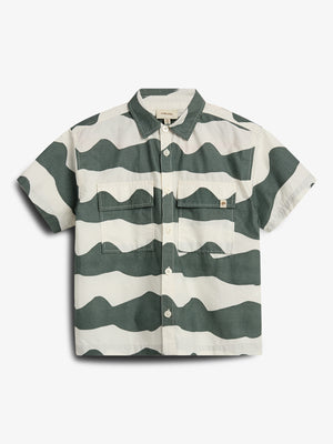 A short-sleeve button-up shirt features a wavy green and white pattern. It has two chest pockets and a label reading "MINI A TURE" inside the collar.