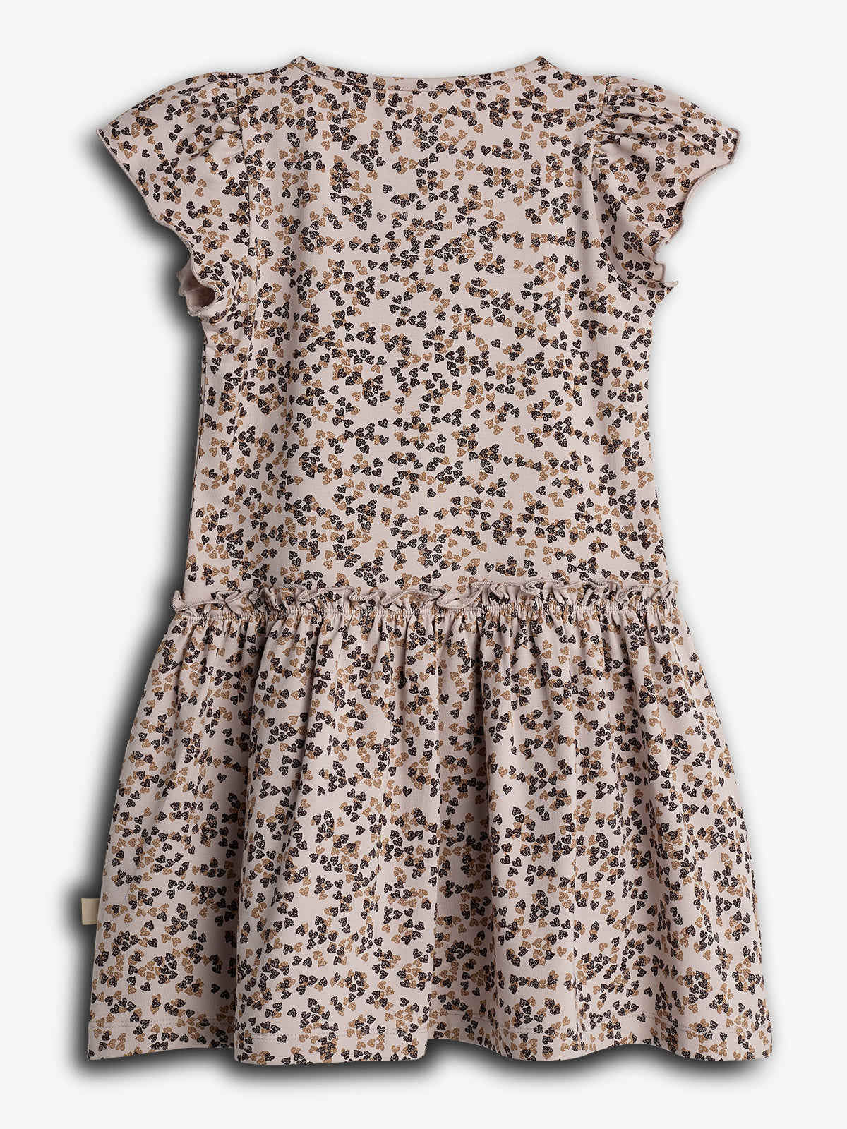 A sleeveless, floral-patterned dress with a gathered waist and ruffled shoulders, displayed against a plain white background.