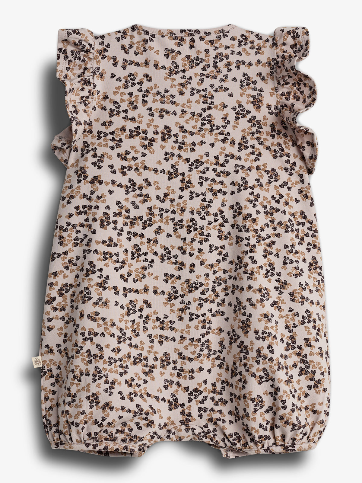 Floral-patterned baby romper with ruffled sleeves hangs against a plain, light background. The fabric is light-colored with small, scattered brown and black floral clusters.