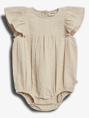 A beige baby romper features ruffled sleeves and a floral pattern. It has a round neck, gathered fabric, and snap closures at the bottom. The tag reads "PaMa_Lini."