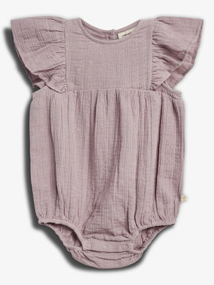 Baby romper with flutter sleeves, featuring a textured, light purple fabric with small embroidered patterns. It's displayed against a plain white background, showcasing its intricate design.