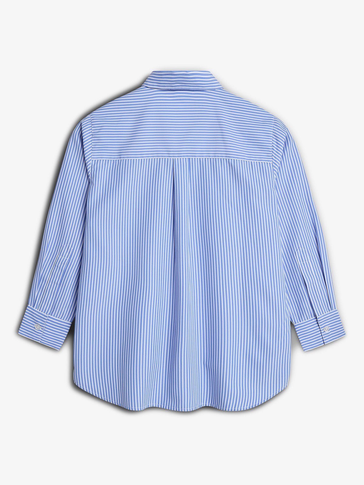 A blue and white vertically striped shirt with long sleeves is laid flat. The shirt features horizontal stripes on the yoke and a central pleat on the back.