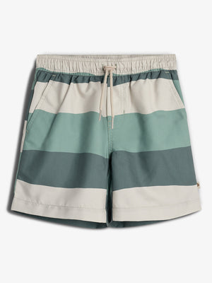Striped swim shorts feature horizontal bands in teal, light green, and cream. They have an elastic waistband with a drawstring, creating a casual look against a white background.