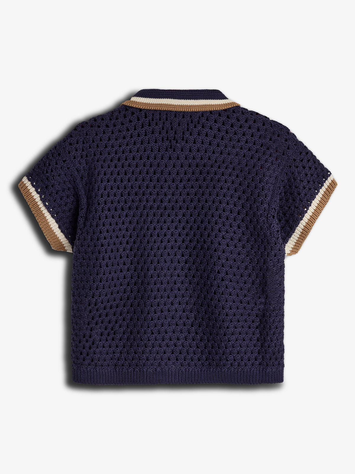 A navy crochet short-sleeve sweater features contrasting beige and white trim on the collar and sleeves. The texture is patterned, creating a lightweight appearance. The background is a plain white.