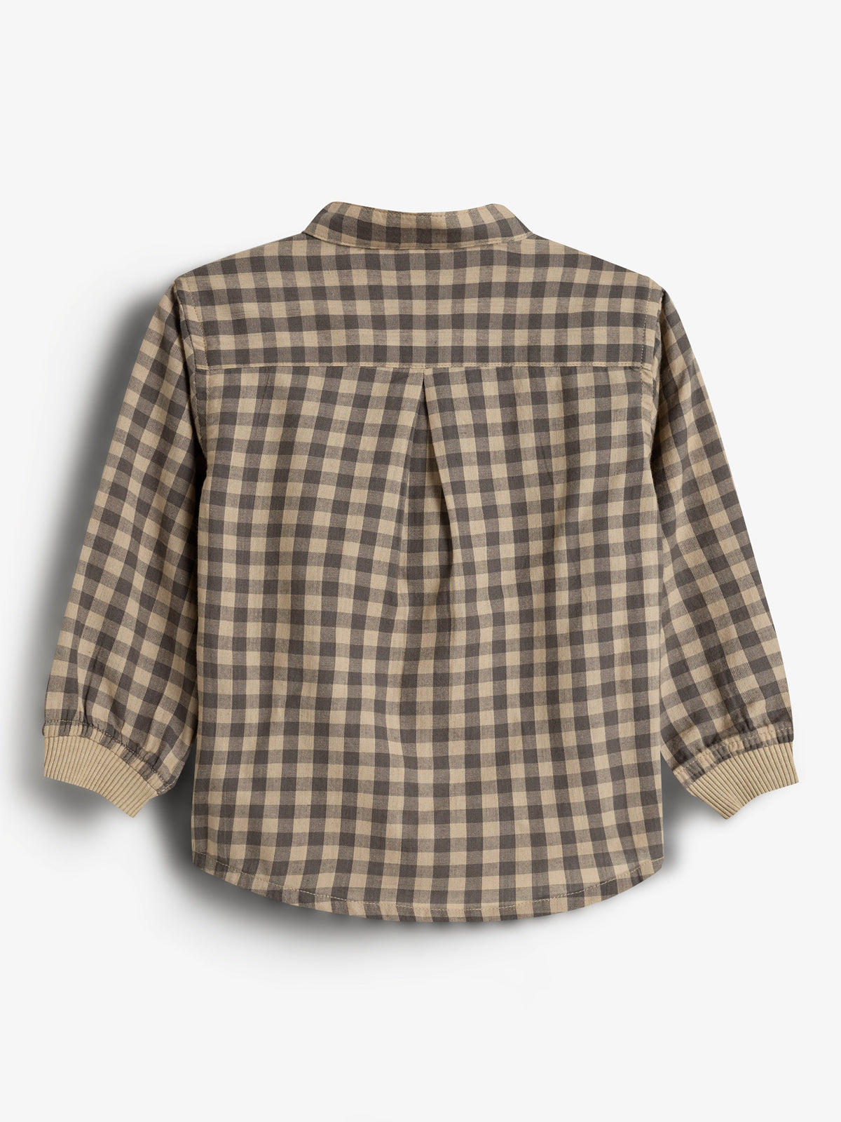 A checkered long-sleeve shirt, featuring beige and dark brown squares, lies flat with its back facing up, displaying ribbed cuffs and a pleated upper back against a plain white background.