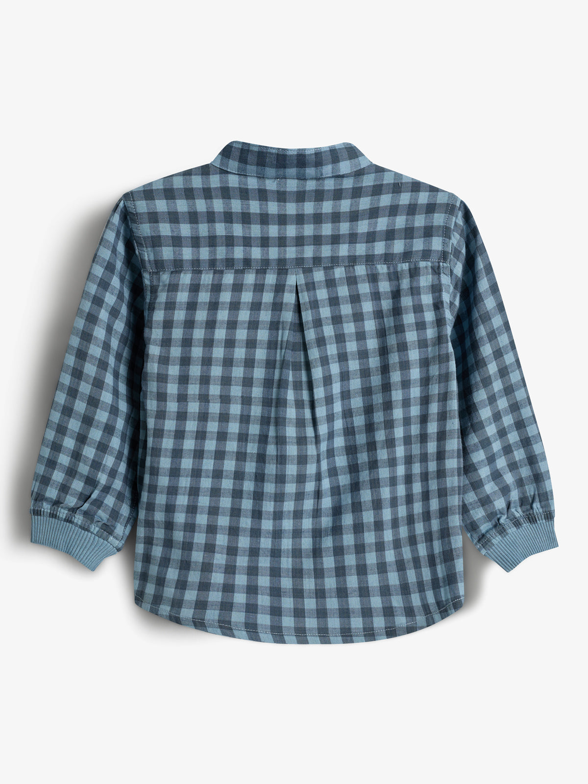 A blue and gray checkered long-sleeve shirt with cuffed sleeves is displayed against a plain background, showing the back with a central pleat detail.