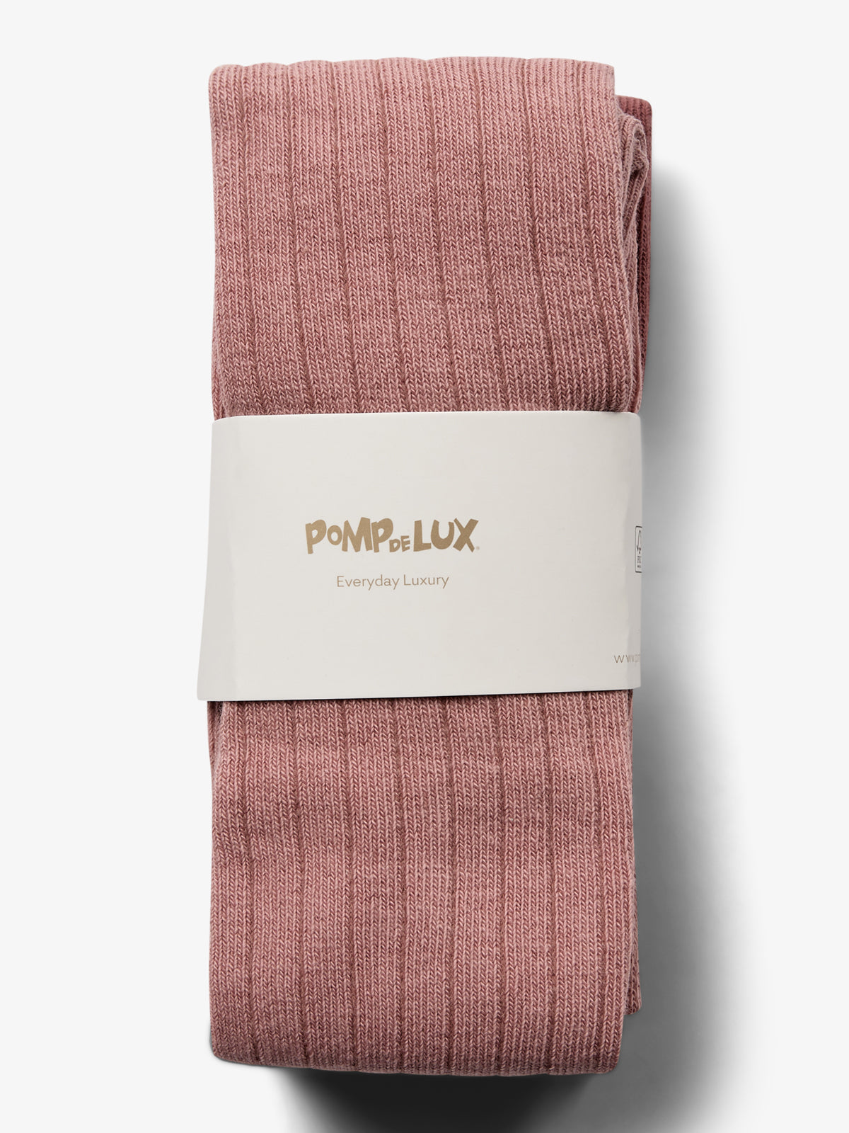 Ribbed knit fabric folded neatly in a stack, wrapped with a label. Text reads "POMPdeLUX Everyday Luxury." Background is plain white.