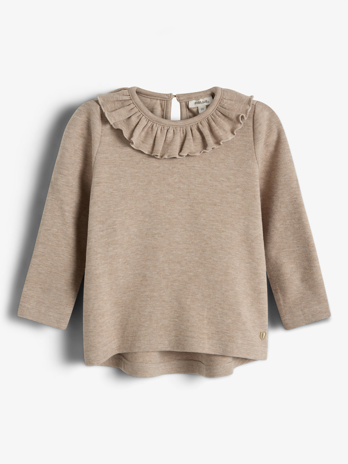 A beige long-sleeve sweater features a ruffled neckline with a keyhole button closure at the back, displayed against a plain white background.