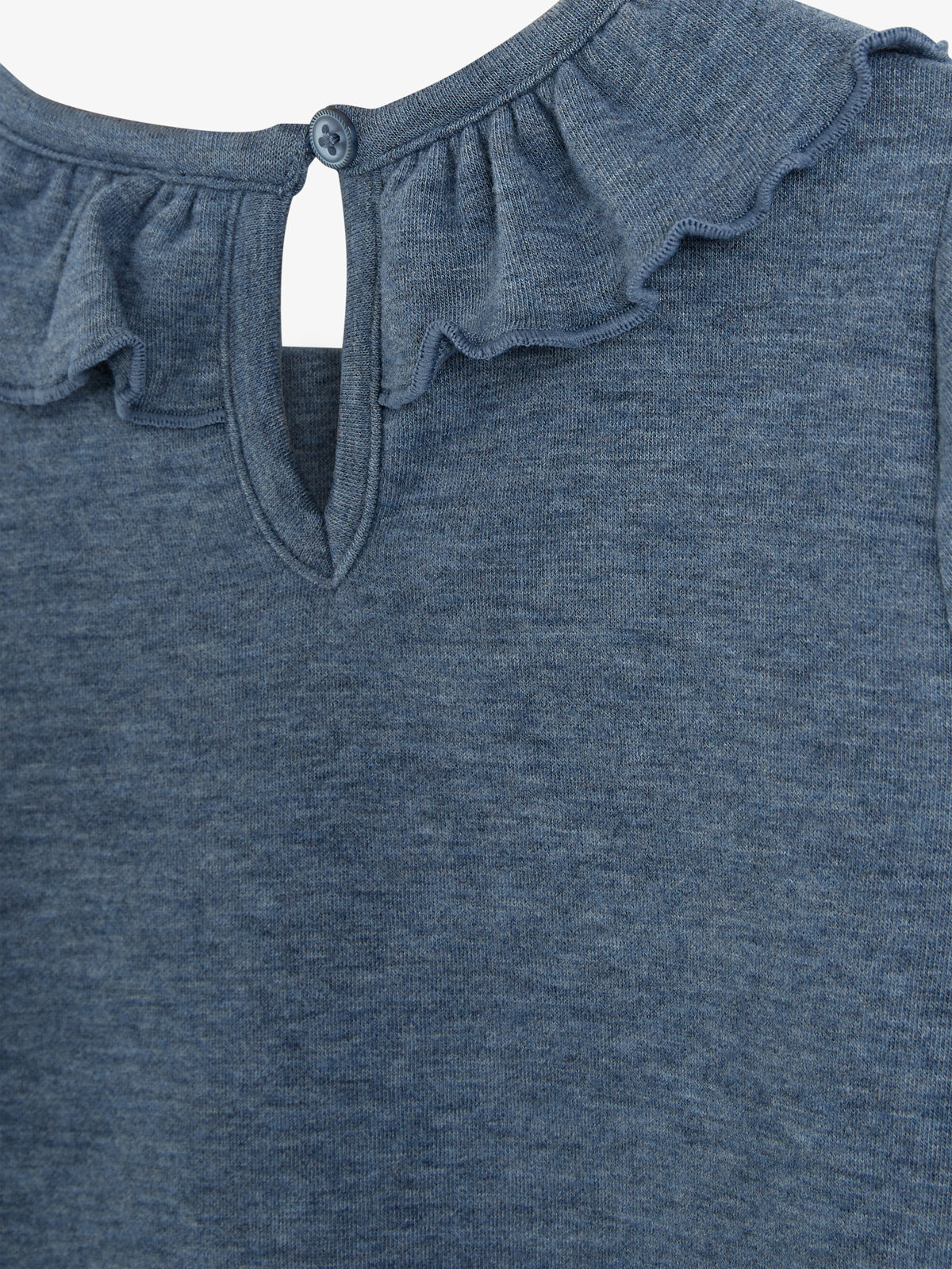 A blue fabric features a ruffled neckline with a small button closure. It appears to be part of a garment, surrounded by a plain, neutral background.