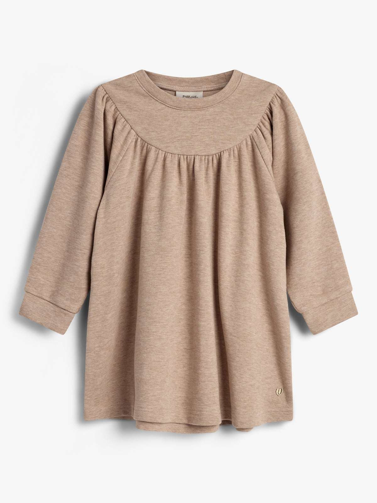 Beige long-sleeve dress, hanging with gathers around the neckline, displayed against a plain white background. A small stitched heart is near the hem.