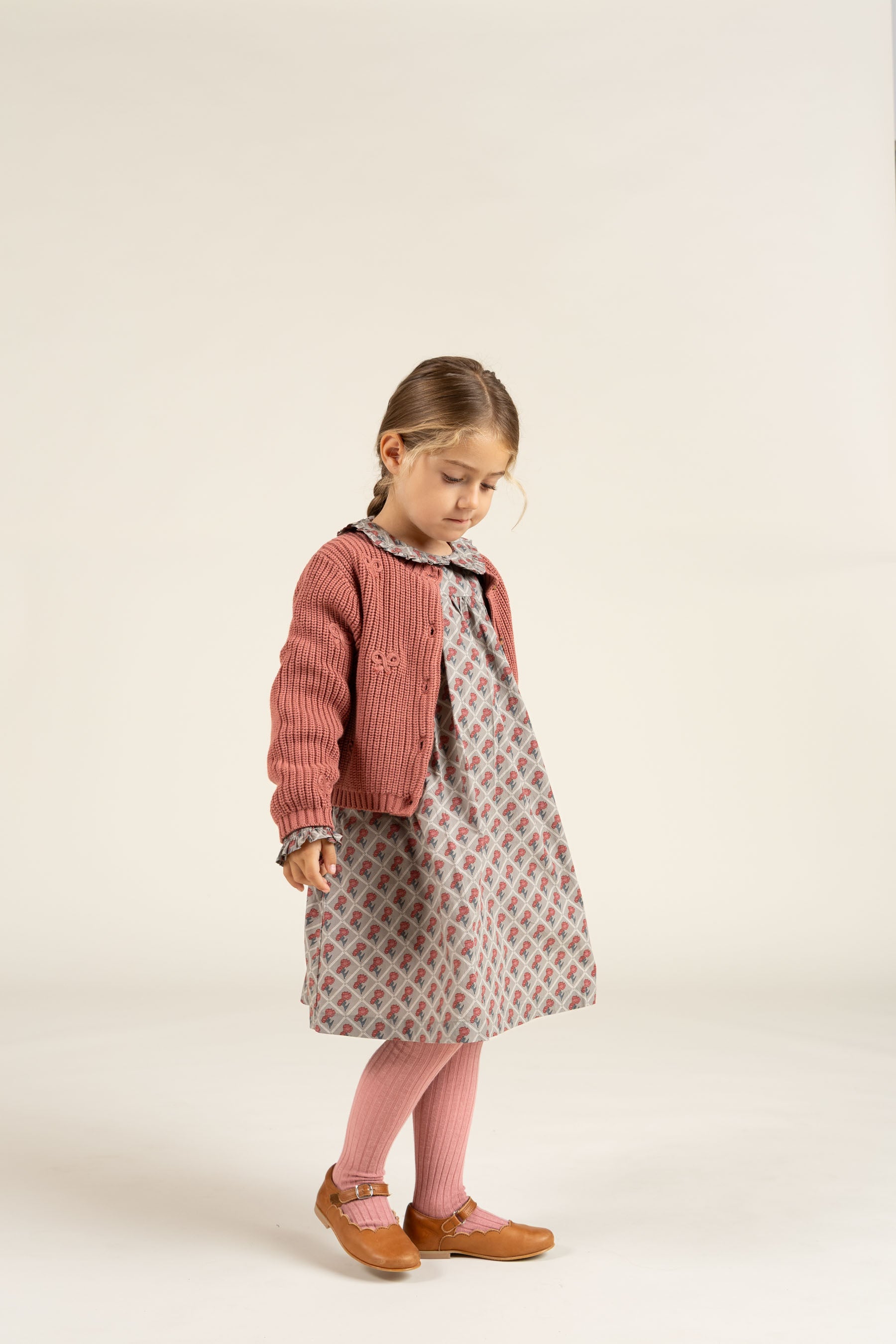 Cotton Knit Cardigan with Bows - Kids - Old Rose | 100792 Freya