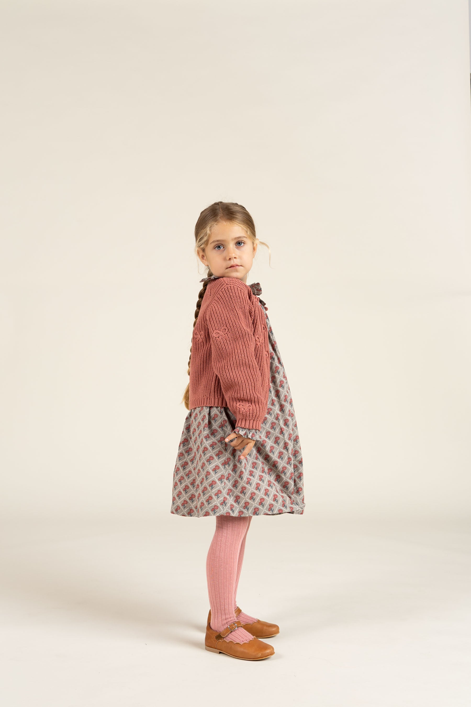 Cotton Knit Cardigan with Bows - Kids - Old Rose | 100792 Freya