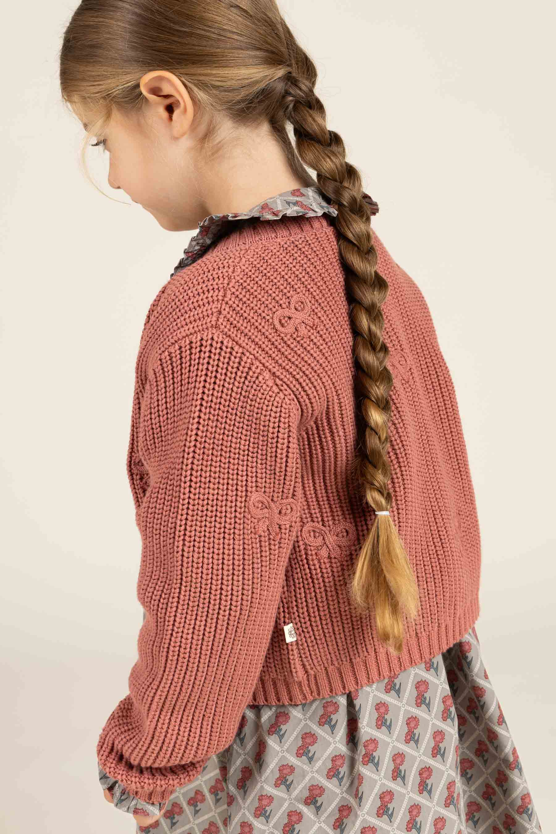 Cotton Knit Cardigan with Bows - Kids - Old Rose | 100792 Freya