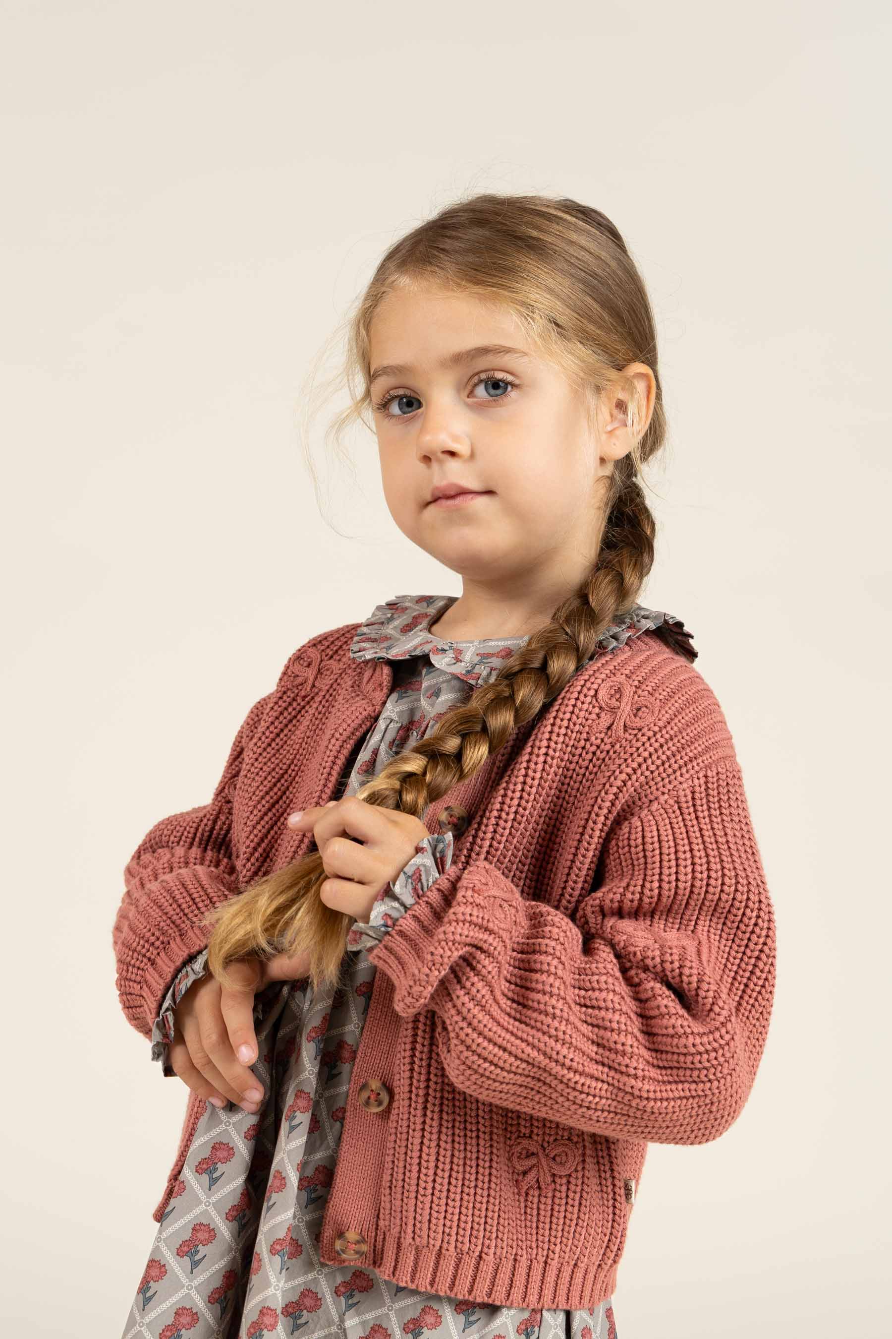 Cotton Knit Cardigan with Bows - Kids - Old Rose | 100792 Freya