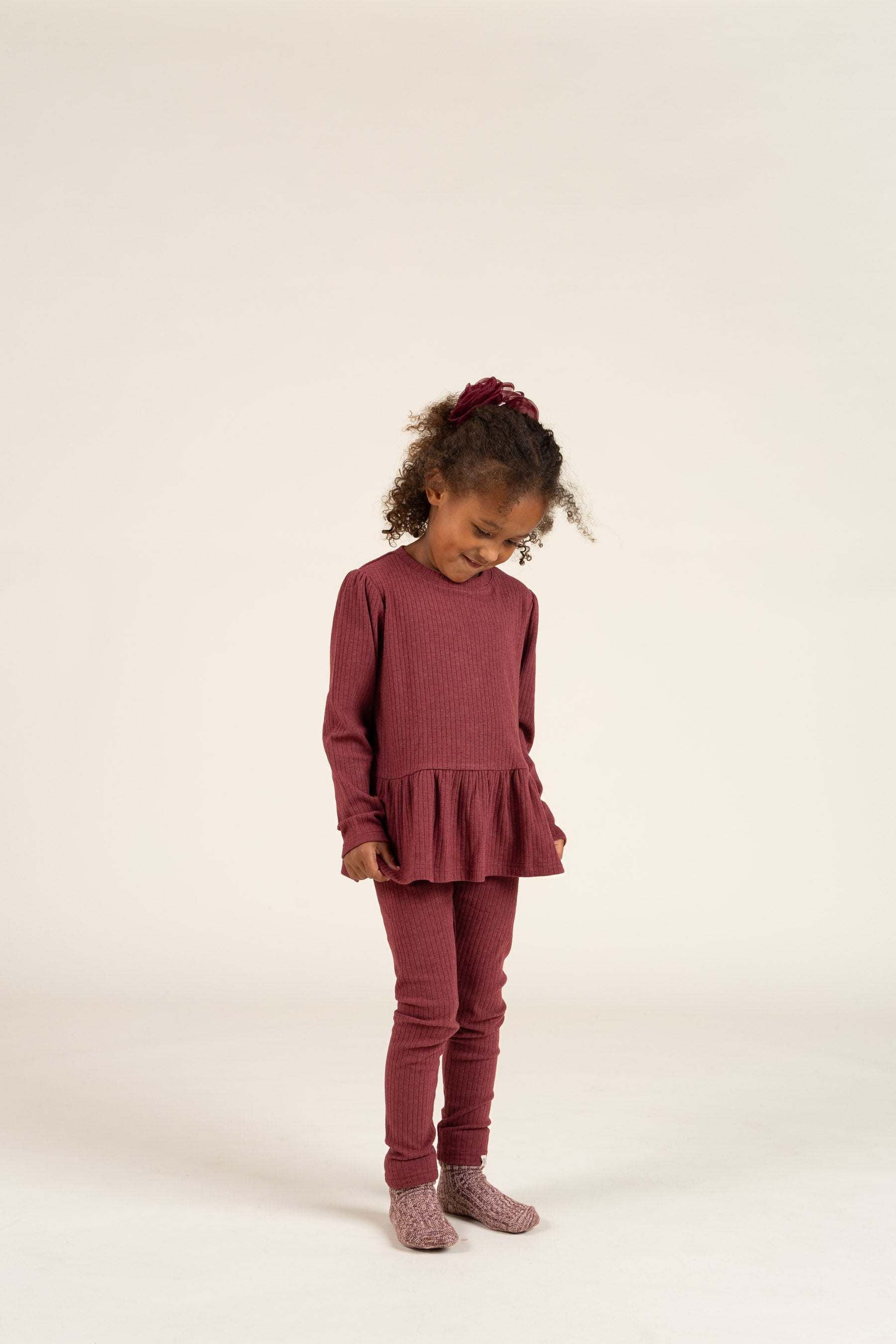 Soft Rib Peplum Blouse - Kids - Burgundy Melange | 100700 Alana
