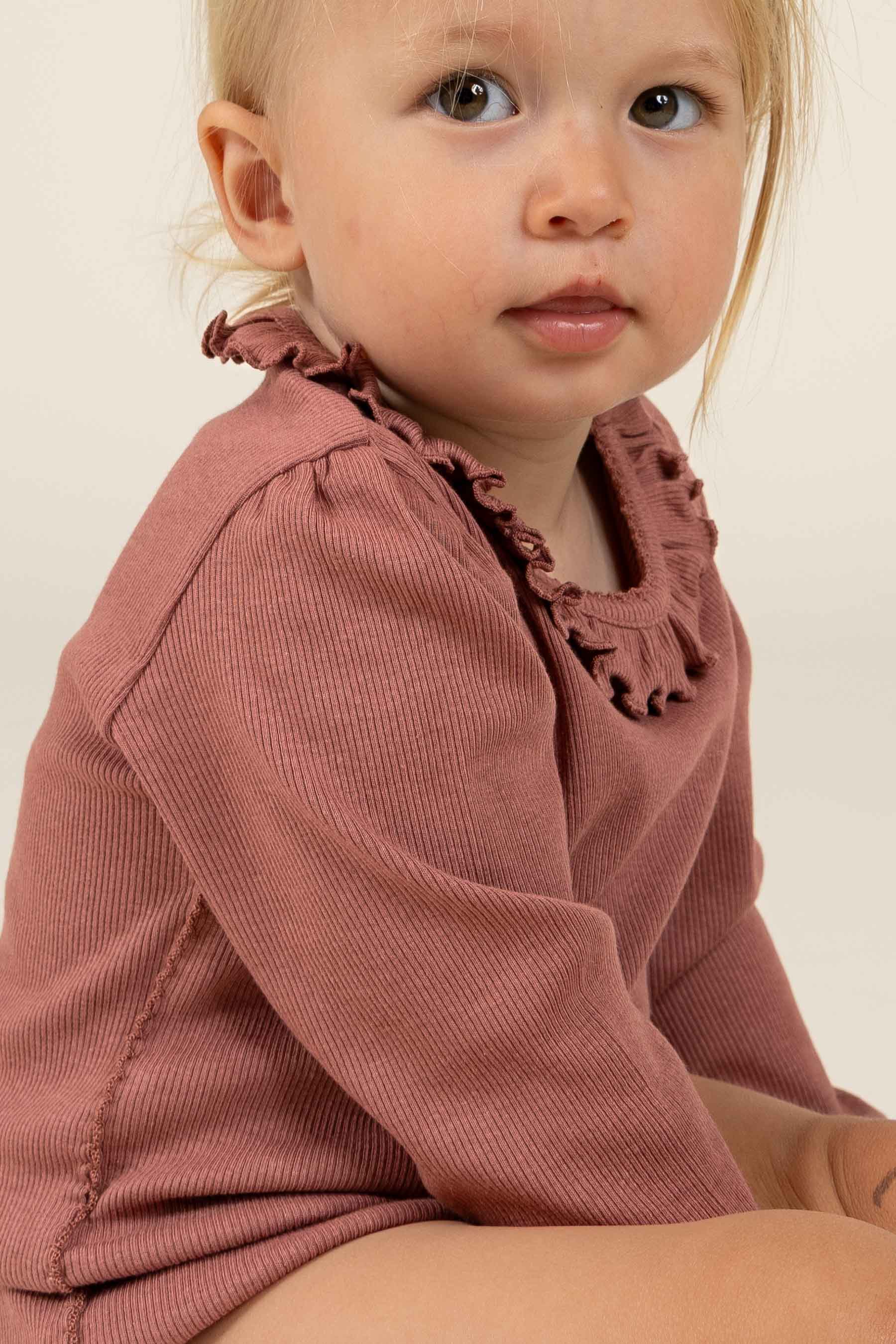 Long Sleeve Modal Rib Bodysuit with Picot edge - Kids - Old Rose | 100575 Mia