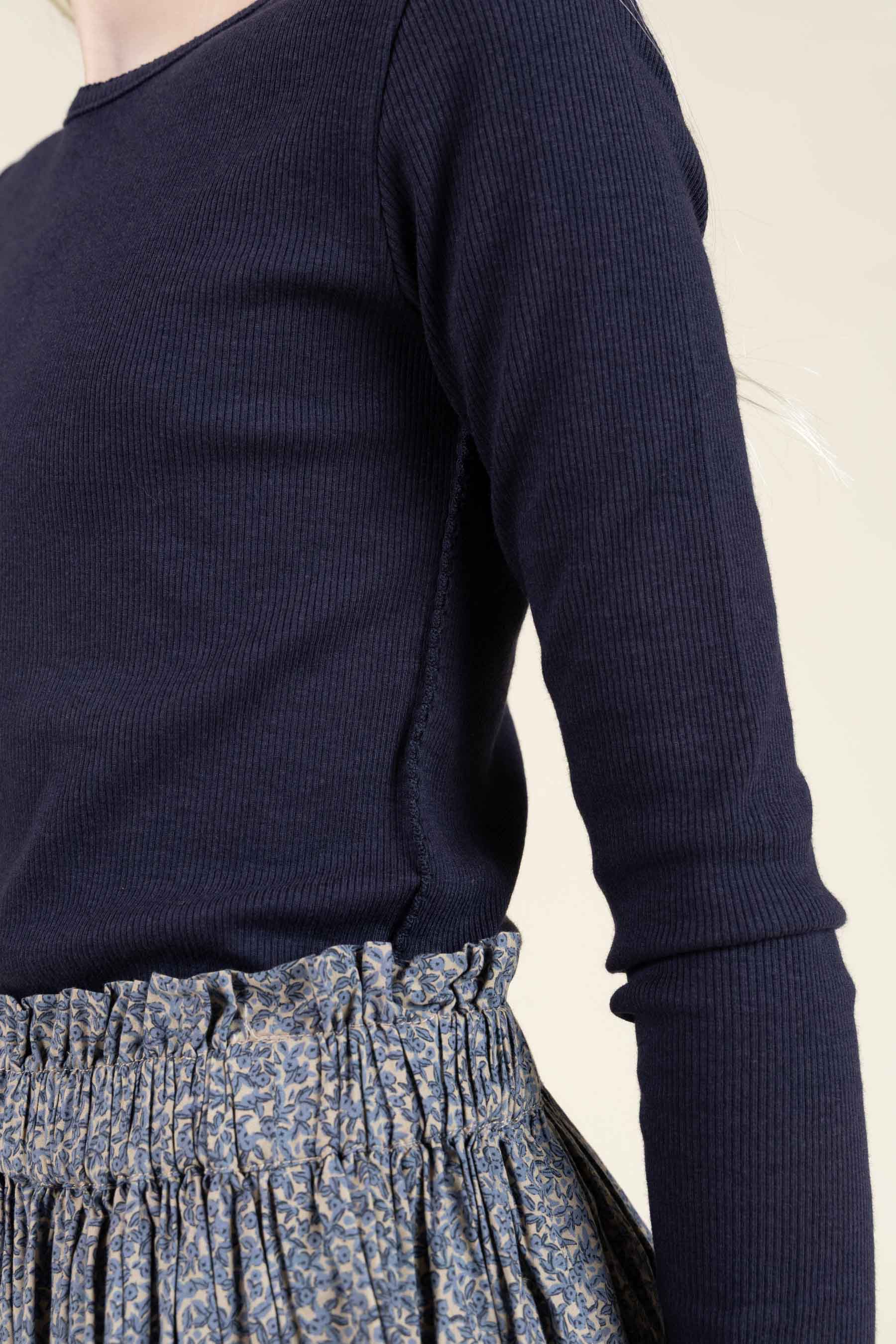 Long Sleeve Modal Rib T-Shirt with Picot edge - Tween - Navy | 100581 Mia