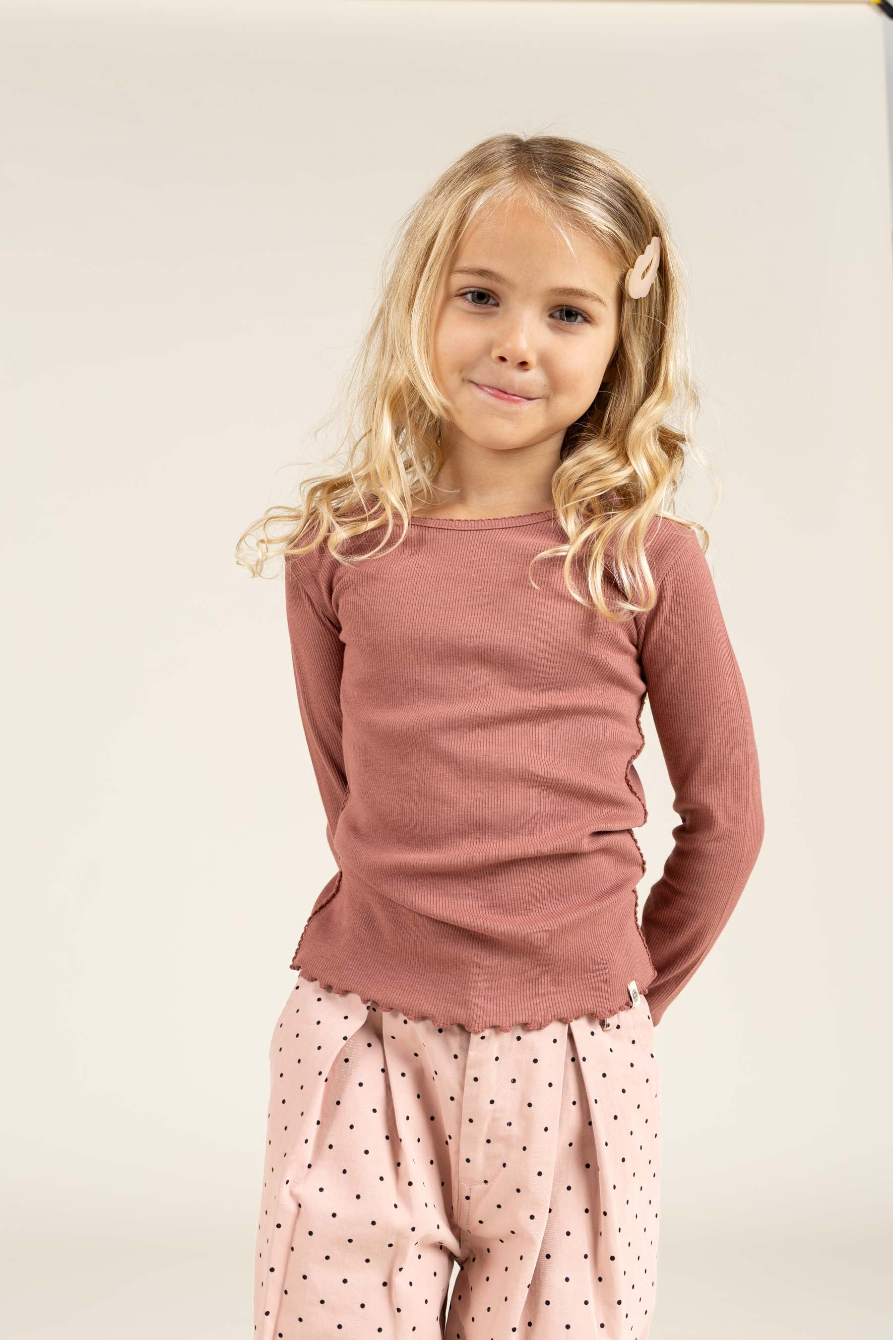 Long Sleeve Modal Rib T-Shirt with Picot edge - Kids - Old Rose | 100578 Mia