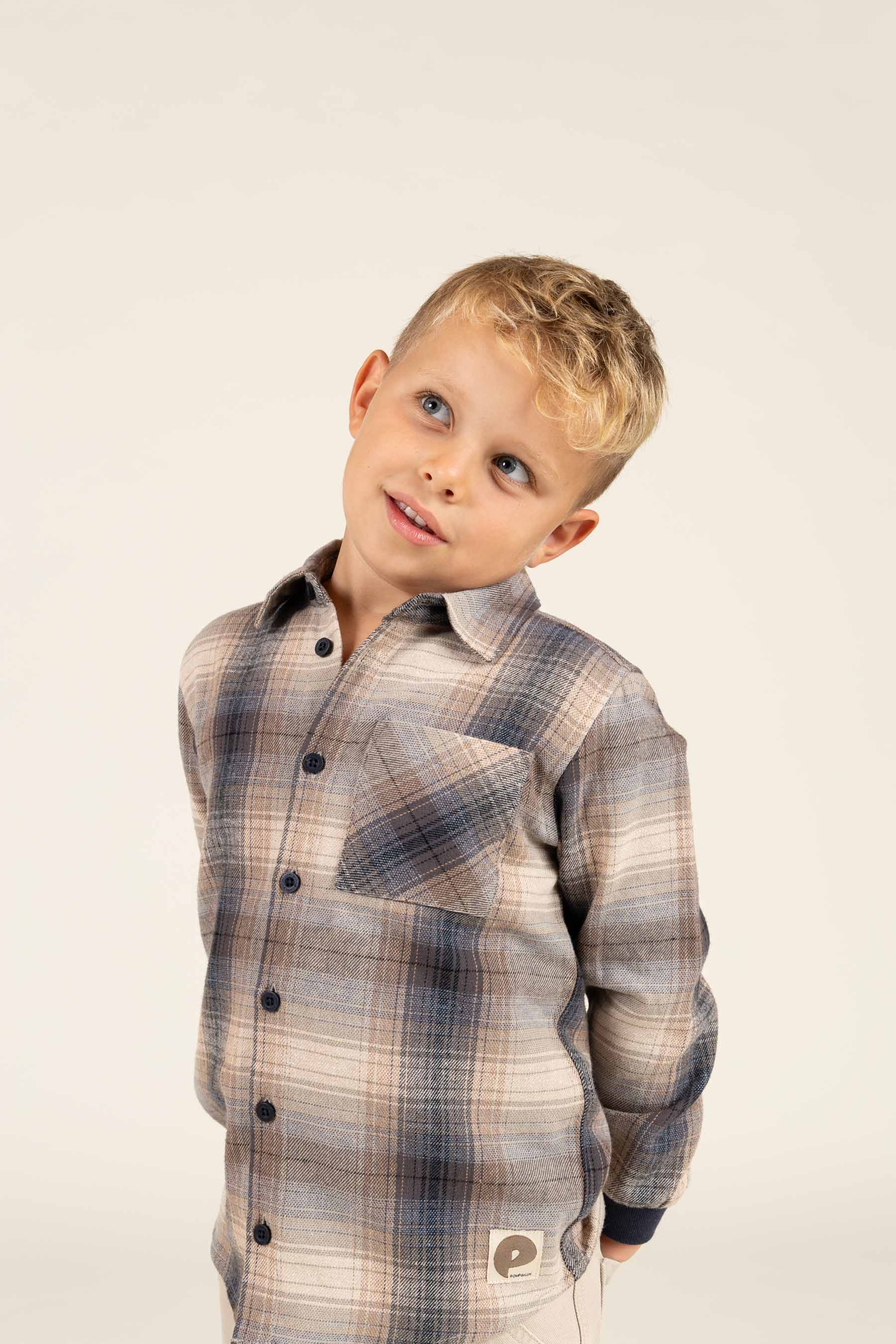 Checked Flannel Shirt with Rib Cuff - Kids - Brown Navy Check | 100529 Henry