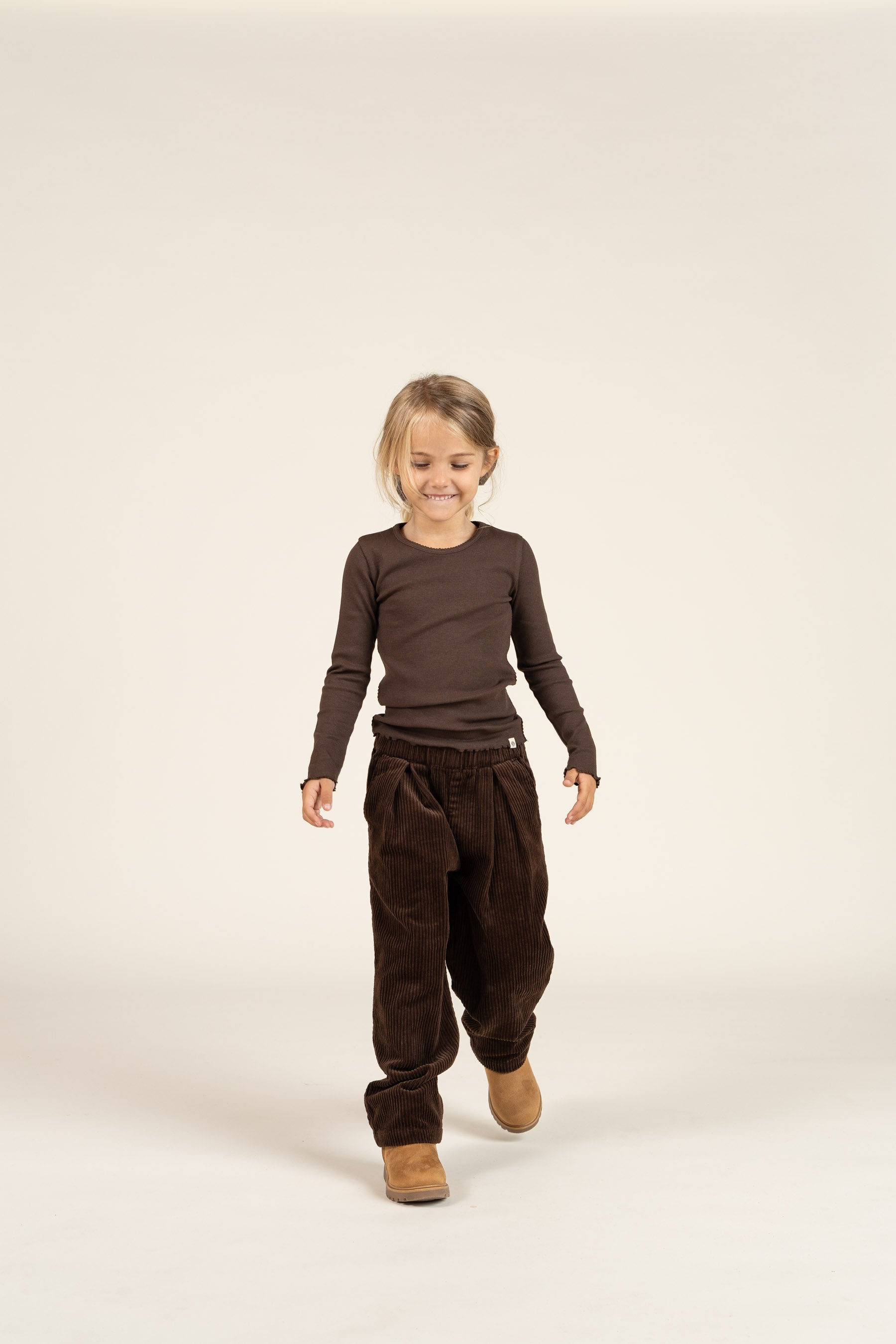 Long Sleeve Modal Rib T-Shirt with Picot edge - Kids - Chocolate | 100576 Mia