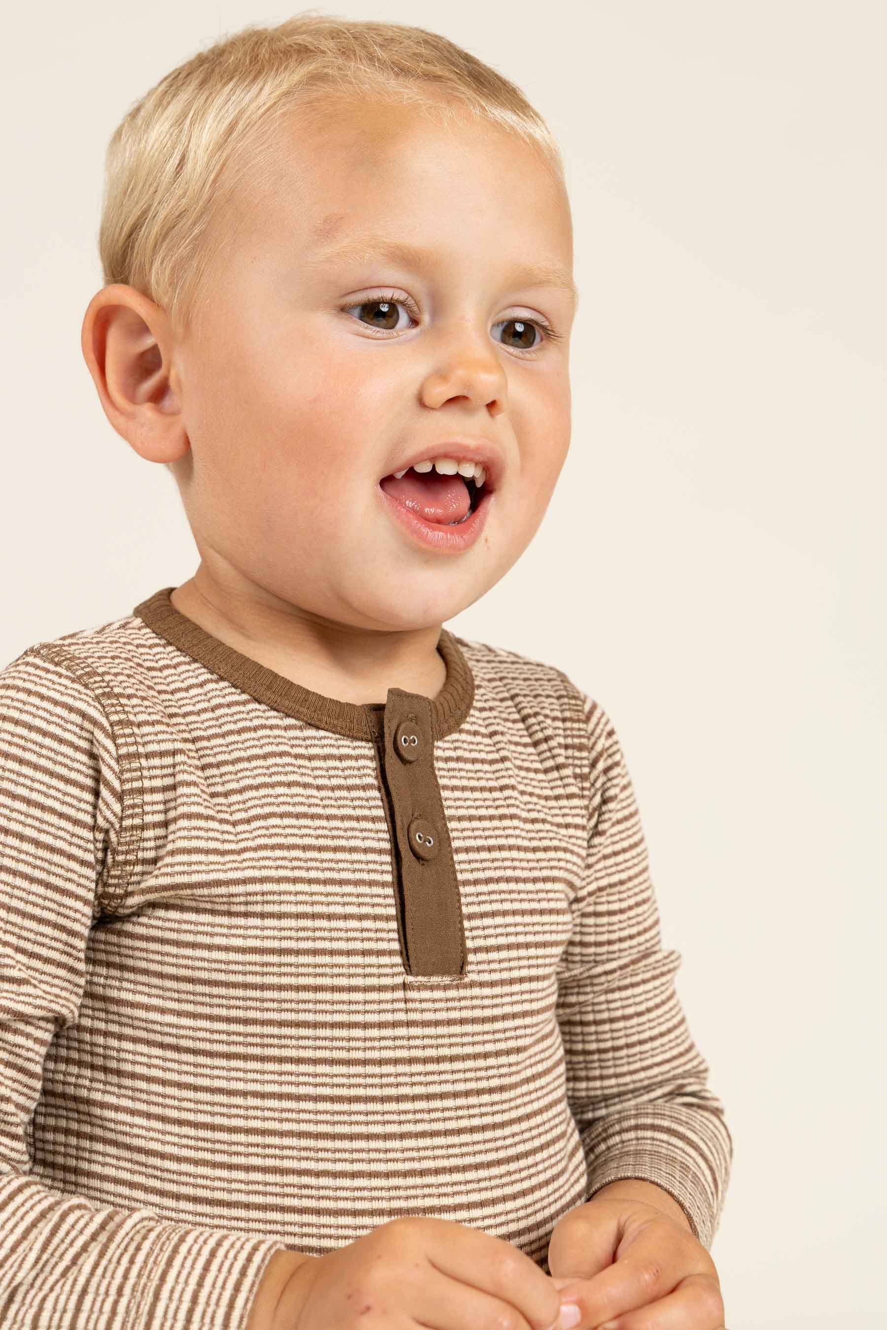 Long Sleeve Cotton Rib Bodysuit - Kids - Coffee Stripe | 100559 Manson