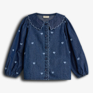 Denim Shirt with Embroidery - Dark Blue Denim with Blue Heart | 100178 Debbie