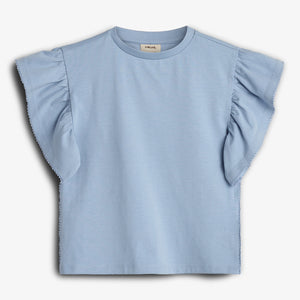 Ruffle Sleeve T-Shirt w. Picot stitch - Blue | 100257 Vilde