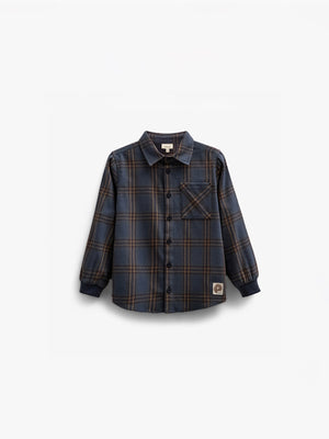 Checked Flannel Shirt with Rib Cuff - Kids - Navy Check | 100530 Henry