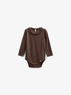 Long Sleeve Modal Rib Bodysuit with Picot edge - Kids - Chocolate | 100574 Mia