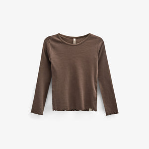 Long Sleeve Modal Rib T-Shirt with Picot edge - Kids - Chocolate | 100576 Mia