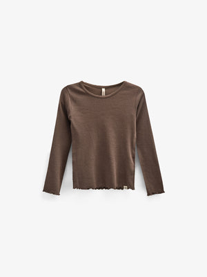 Long Sleeve Modal Rib T-Shirt with Picot edge - Kids - Chocolate | 100576 Mia