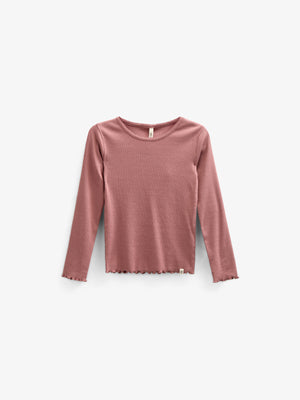 Long Sleeve Modal Rib T-Shirt with Picot edge - Kids - Old Rose | 100578 Mia