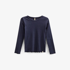 Long Sleeve Modal Rib T-Shirt with Picot edge - Kids - Navy | 100580 Mia