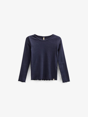 Long Sleeve Modal Rib T-Shirt with Picot edge - Kids - Navy | 100580 Mia