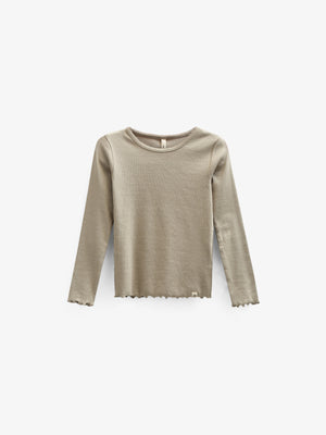 Long Sleeve Modal Rib T-Shirt with Picot edge - Kids - Dusty Green | 100582 Mia