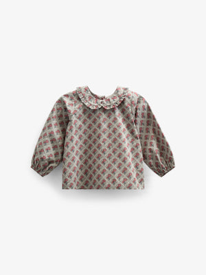 Printed Cotton Poplin Blouse with Collar - Kids - Green w. Vintage Red | 100725 Amine