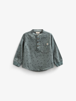 Herringbone Woven Cotton Shirt w/ Print - Kids - Dark Dusty Green | 100761 Edward