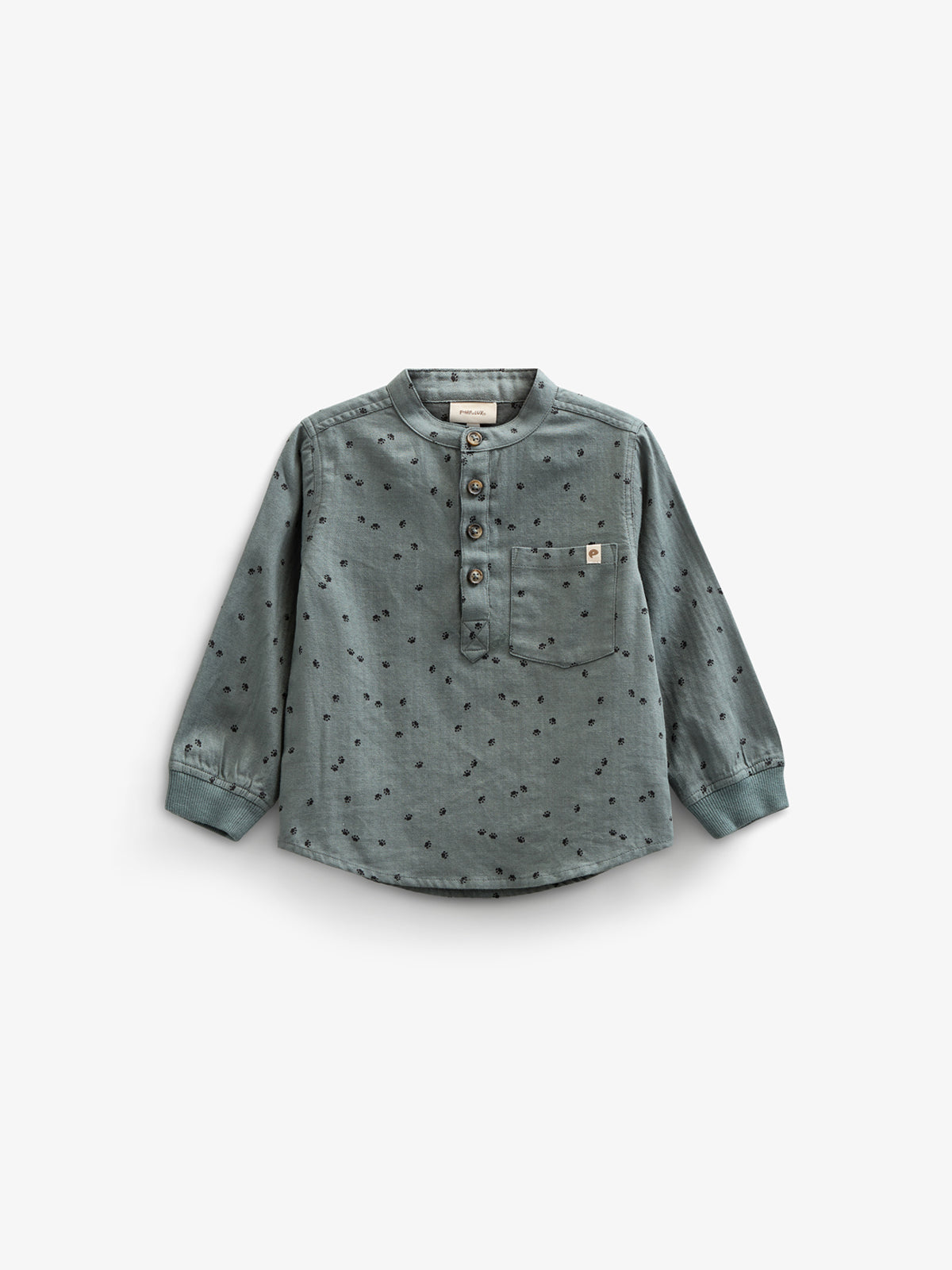 Herringbone Woven Cotton Shirt w/ Print - Kids - Dark Dusty Green | 100761 Edward