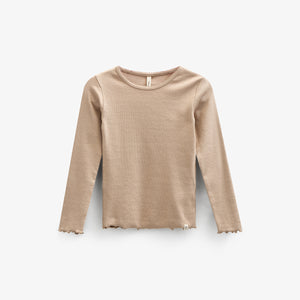 Long Sleeve Modal Rib T-shirt with picot edge - Kids - Caffe Latte | 100786 Mia