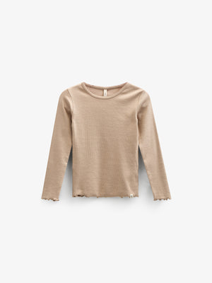 Long Sleeve Modal Rib T-shirt with picot edge - Kids - Caffe Latte | 100786 Mia