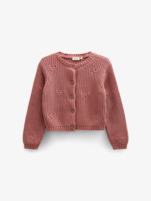 Cotton Knit Cardigan with Bows - Kids - Old Rose | 100792 Freya