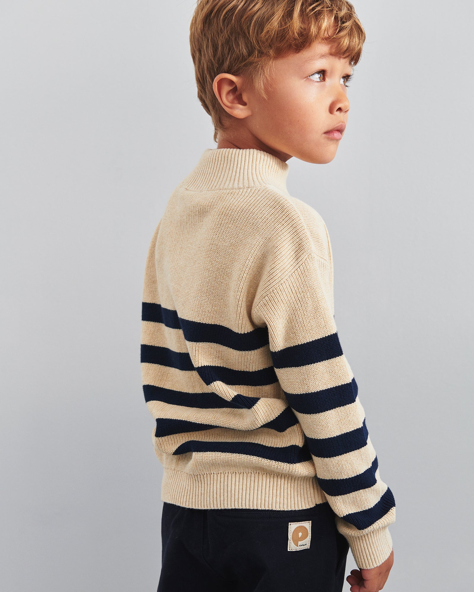 Quarter Zip Sweater - Kids - Beige/Navy