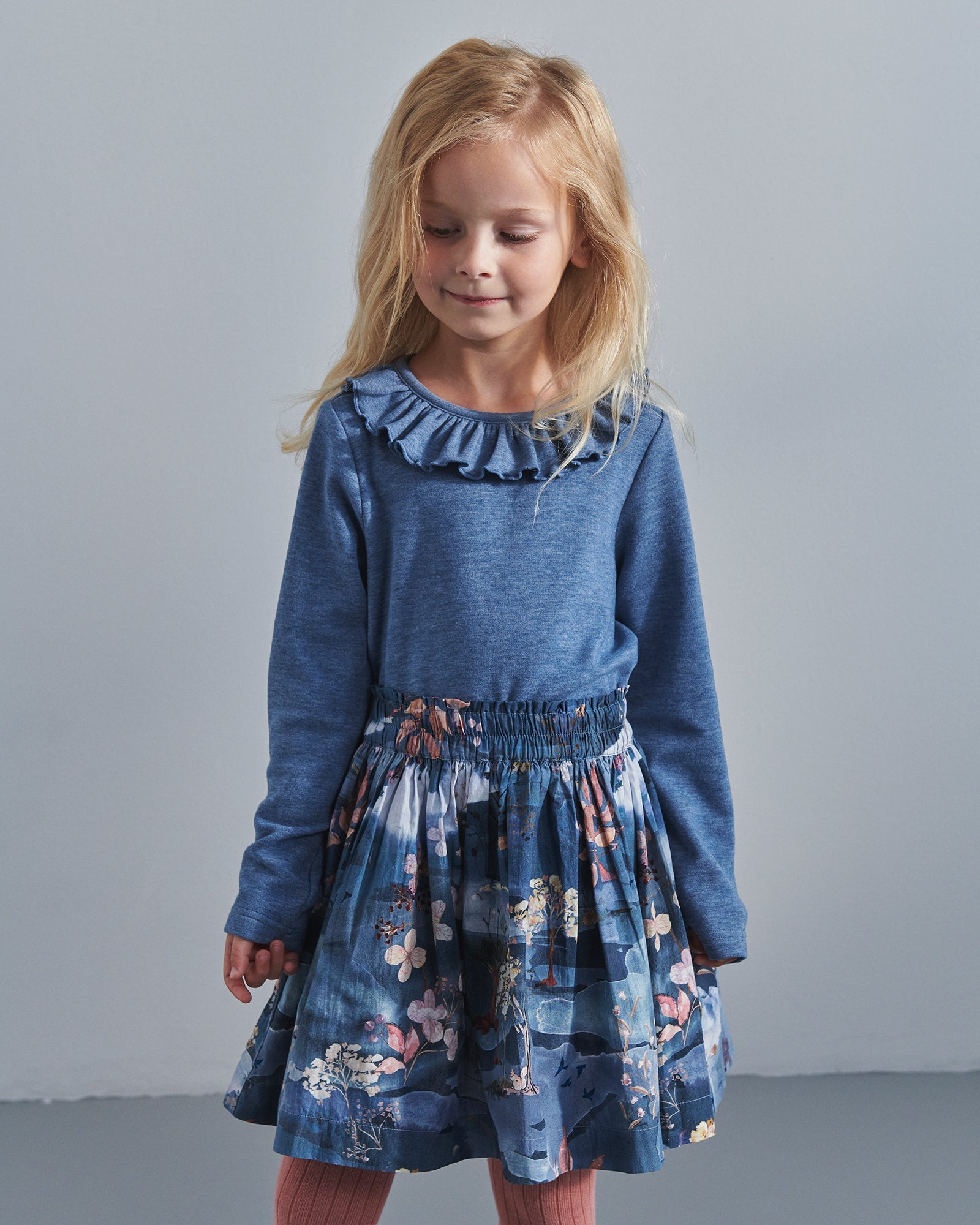 Poplin Skirt w. Scenic Print - Kids - Blue/Rose