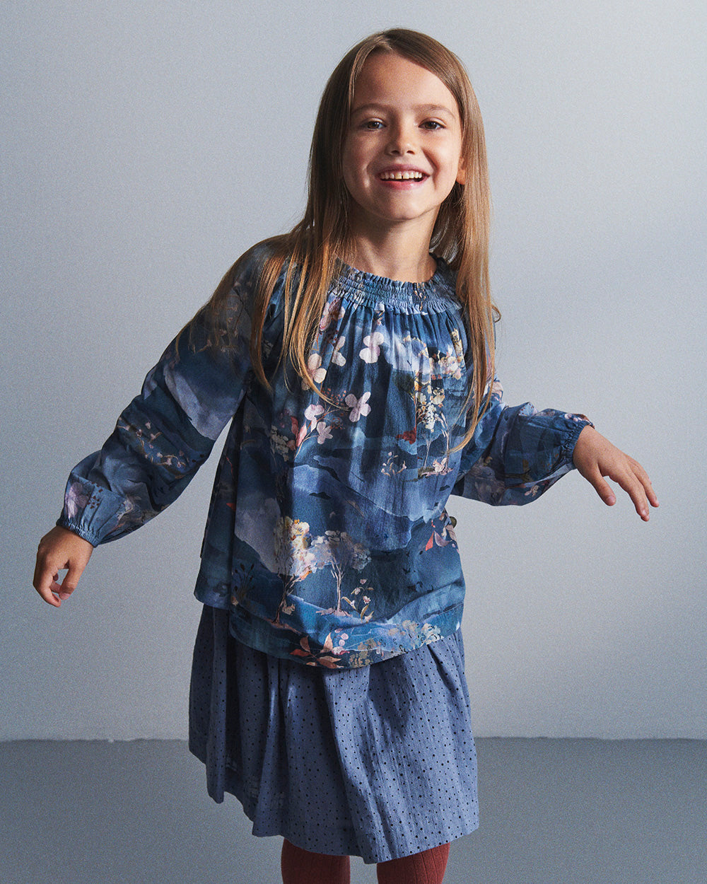 Cotton Skirt w. Micro Dots - Kids - Dusty Blue